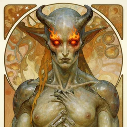 a demonic cyborg with flaming red eyes, painting by alphonse mucha, greg ruthowski, detailed, henry ascensio, craig mullins, intricate and detailed