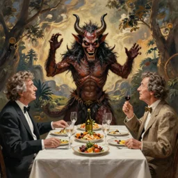 brad dourif summons demon to liven up a dinner party, painted by norman rockwell and tom lovell and frank schoonover