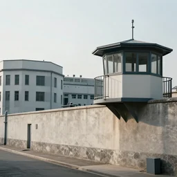outside view of prison wall, guard tower, zoom photography, prison complex, oppressive atmosphere, artstation award, modern prison