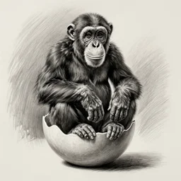 a realistic pencil drawing of a chimpanzee sitting on a large egg.