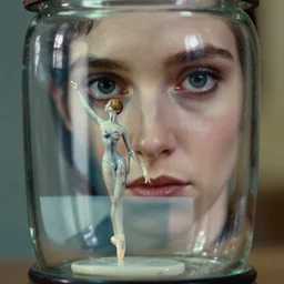 beautiful three point perspective film still of holly herndon in merce cunningham, extreme closeup portrait in style of frontiers in blade runner miniature photography fashion architectural art studio seinen manga edition, real - life porcelain statue in victorian glass jar, eye contact, anatomically correct, pointe pose, tilt shift background, panavision, 8 k, macro, cinematic style by h. r giger