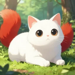 white cat with fluffy red tail like fox tail lying at sunny forest, big anime eyes, hyper realistic, unreal engine 5, anime illustration, fantasy, ray tracing