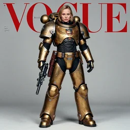 vogue magazine cover : full - body portrait of alicia vikander as the empress of space marines from warhammer with full body space armor, including boots, and a warhammer space gun, ultrarealistic, photorealistic, intricate detail, photograph by anne leibovitz