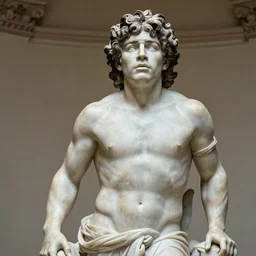 photograph of a marble sculpture of Diego Armando Maradona, inpired by Gian Lorenzo Bernini