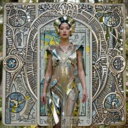 giesha demon, innovative avant - garde art, deco fashion, one asian woman!!!, highly detailed, photorealistic portrait by michael chavel, serene forest setting, crisp quality and light reflections, octane render, tarot card with ornate border frame h - 1 0 2 4