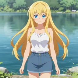 a very beautiful anime girl, full body, long golden hair, sky blue eyes, full round face, short smile, short mini jeans skirt, cute top, summer lake setting, cinematic lighting, medium shot, mid-shot, highly detailed, trending on Artstation, Unreal Engine 4k, cinematic wallpaper by Stanley Artgerm Lau, WLOP, Rossdraws, James Jean, Andrei Riabovitchev, Marc Simonetti, and Sakimichan