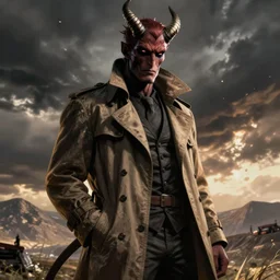 hellboy, demon with horns in a trenchcoat, by mike mignola comic, artstation