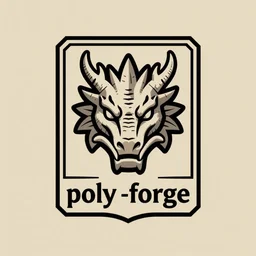 high quality simplified rectangular logo of a medieval stone blacksmith forge shaped like a realistic dragon head looking at viewer, for a company called poly - forge, symmetrical!!!, award winning, art deco!!!!!!