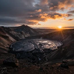 amazing landscape photo of mountains with lava lake in sunset by marc adamus beautiful dramatic lighting, Gediminas Pranckevicius