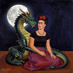 a dragon in love looks at the moon remembering his beloved art by frida kahlo