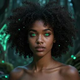 beautiful portrait of one goddess with gorgeous afro hair with deep emerald eyes, Afrofuturism style, neo-gothic bioluminescent woodland details in the background, moody volumetric lighting, 4K