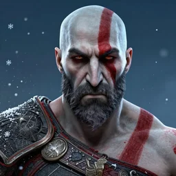 a award winning portrait of kratos with snowflakes around him, digital art, artstation, deviantart, photorealistic, professional lighting, hyperdetailed, detaioed face, video game art, dramatic