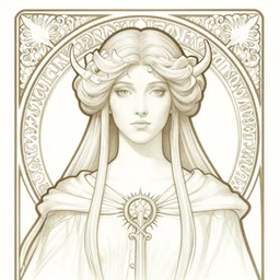 masterpiece head-on symmetrical centered bust-view portrait, Maya Ali as D&D sorcerer, Art Nouveau illustration, wizard robe, fantasy, delicate, elegant, tarot card background, in the style of ROSSDRAWS and Jesper Ejsing and Ruan Jia and Ross Tran and Alphonse Mucha and Ayami Kojima and Charlie Bowater and Karol Bak and Jean Delville, rich bright colours