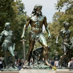 a full figure bronze sculpture of conan the barbarian holding a sword by Rodin and Bernini