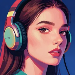 a closeup of a female face with headphones in retro colors, synthwave style, 2d digital vector art