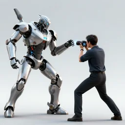 two subject composition, man and robot, fight, armed anthropomorphic robot is fighting a real man who is photographer, photorealistic, hyperrealistic, detailed, octan render, volumetric light, clear background, futuristic