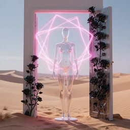 transparent digital art of a beautiful mannequin facing a doorway opening with neon pink geometric fractal light + roses made of black glass + kintsugi!!!, serene desert setting, transcendent, clean linework, dramatic, finely detailed, 4 k, trending on artstation, photorealistic, volumetric lighting, octane render