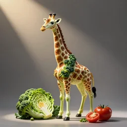 a giraffe sculpture that is made out of broccoli, cabbage, and tomato