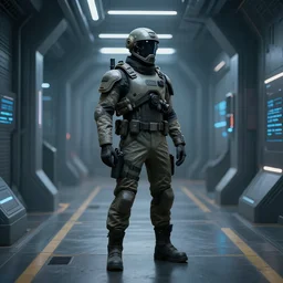 futuristic soldier, in a futuristic hallway, digital art