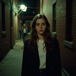 a creepy cell phone camera picture of an alleyway in west philadelphia at night, with a college - aged woman in the distance. girl in the photo. directed by david lynch