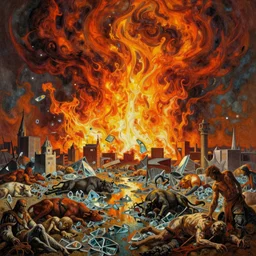 the first unleashing of the hell - fire. cities had become puddles of glass, while nations had vanished from the earth, the lands littered with bodies, both men and cattle, and all manner of beasts,, oil painting by tomasz jedruszek, cinematic lighting, pen and ink, intricate line, hd, 4 k, million of likes, trending on artstation