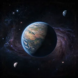 centralized, alien planet in space and night sky with stars and galaxies, nebula ornate detailed background, unreal engine, trending on artstation, by rossdraws, thomas kinkade