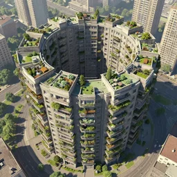 matte painting of the bird's eye view of circular cityblock. garden balconies. brutalist soviet architecture. dynamic perspective. urban, detailed digital art trending in artstation