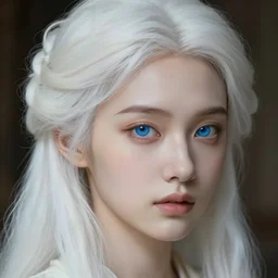 detailed portrait of perfect white intricate haired girl, 1 9 century, beautiful, pretty face, blue eyes, innocent,, 4 k, sun yunjoo, realistic, highlights, cinematic lighting, highly detailed, sharp focus, artstation, masterpiece, art by hyungjin yang and akihiko yoshida and ruan jia
