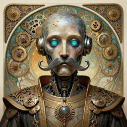 boxy robot, large metal mustache, crusty, glowing blue green eyes, detailed realistic surreal groovypunk robot in full regal attire. face portrait. art nouveau, symbolist, visionary, baroque, giant fractal details. horizontal symmetry by zdzisław beksinski, gears, alphonse mucha. highly detailed, hyper - real, beautiful