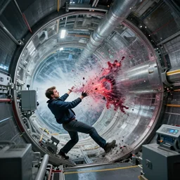 wide shot of a man getting trapped inside cern large hadron collider, his body getting pulled apart by particle collision, rendered in octane in style of midjourney