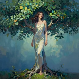 a painting of a woman half tree, vibrant lighting, elegant, highly detailed, smooth, sharp focus, illustration, beautiful, geometric, trending on artstation, full body, cinematic, artwork by Borovikovsky