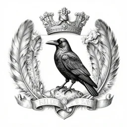a family coat of arms with a crow in the middle surrounded by a reef of feathers, pencil and ink, very detailed,