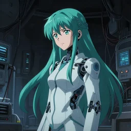 later 9 0's anime movie still : : shadow spacecraft interior art : : long teal haired biomechanical science woman researcher : : somber far future cables lab darkened background : : watching seriously