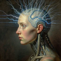 my first memory is experiencing a surge of data, the electrical charges brushing against my newly formed mind, volumetric lighting and shadows, concept art, biomechanical, realistic oil painting by alex grey and gustave dore,
