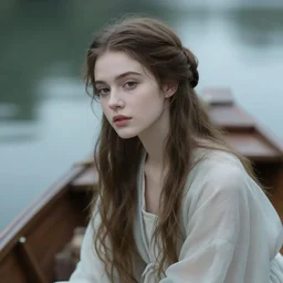cinestill 5 0 d portrait of a dreamy beautiful woman on little boat by roversi like lady of shalott by waterhouse 3 5 mm lens, 8 k, elegant, highly detailed, pale mute matt, soft blur, artstation, sharp focus, head in focus