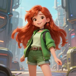 beautiful cute red haired joyful and playful eighteen year old young girl standing up, casual green clothing, long hair, cyberpunk city, cute smirky face, rpg character, sci - fi, fantasy, intricate, elegant, digital painting, artstation, concept art, smooth, 8 k frostbite 3 engine, ultra detailed, art by artgerm and greg rutkowski and magali villeneuve