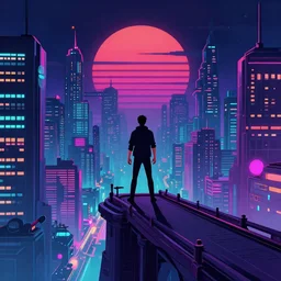 a man standing on top of a bridge over a city, cyberpunk art by james gilleard, cgsociety, retrofuturism, synthwave, cityscape, 2 d game art