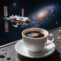 a cup of coffee as a space station, a space ship 🚀, by bob byerley, ultra - wide angle, realistic, insanely detailed, ray tracing reflections, scifi, high technology, galaxy, stars