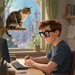 brown haired man with thick black glasses, sitting at desk, cat on shelf, studying, fantasy city outside, greg rutkowski