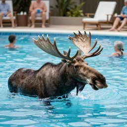 photo of a moose at a swimming pool, people, 50mm, beautiful photo