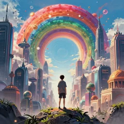 alone human facing the desperate call of the void, futuristic cityscape, unreal 5 render, vivid colors, high detail, clear weather, studio ghibli, history painting, digital art, octane render, beautiful composition, trending on artstation, award - winning photograph, masterpiece
