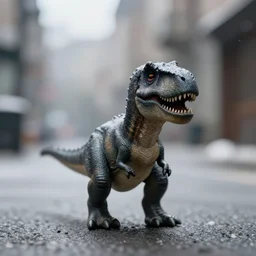 award winning photo by saul leiter of a tiny gray pixar t - rex standing in the street, tiny gaussian blur, insanely detailed, insanely intricate, depth of field, low contrast, snowy, wide aperture