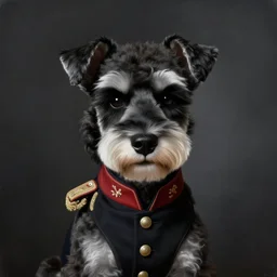 portrait of stoic looking miniature schnauzer, military uniform, black fir, white eyebrows, fantasy, intricate, elegant, highly detailed, centered, dark, smokey, charcoal painting, digital painting, artstation, concept art, smooth, sharp focus, illustration, art by rembrandt van rijn