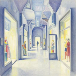 nanotech crystalline shopping mall in a brilliant artificial dream | introspective meandering sci - fi fantasy endless aisle of doorways and window shopping | abstract impressionist colored - pencil drawing by thomas cole, terese nielsen, and edvard escher guay, magically shaped surrealism, trending on artstation