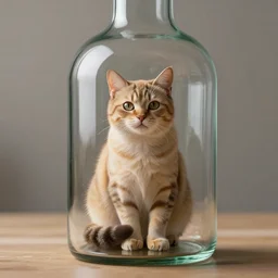 the cat is sitting inside of a large glass bottle, photorealism, ultra detailed, octane render
