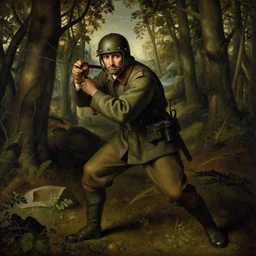 future soldier in ambush in the woods by leonardo davinci, highly detailed