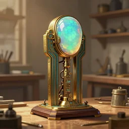 art deco automaton with opal head in a workshop, artstation trending, high detail, illustartion, warm light