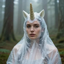 a color photograph, closeup portrait of a woman wrapped in plastic, holding a unicorn horn, in a foggy redwood forest, color photograph, by vincent desiderio, canon eos c 3 0 0, ƒ 1. 8, 3 5 mm, 8 k, medium - format print