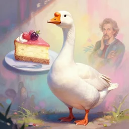 a graffiti of a cannibal goose with a cheesecake, by artgerm and greg rutkowski and alphonse mucha, trending on artstation, cinematic light, pastel colors, volumetric shading, high radiosity dull skin, global illumination, radiant light, soft light, soft color dodge, subsurface scattering,