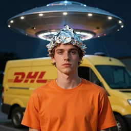 Young man in orange t-shirt and tin-foil hat on a head being abducted by UFO from his delivery DHL van